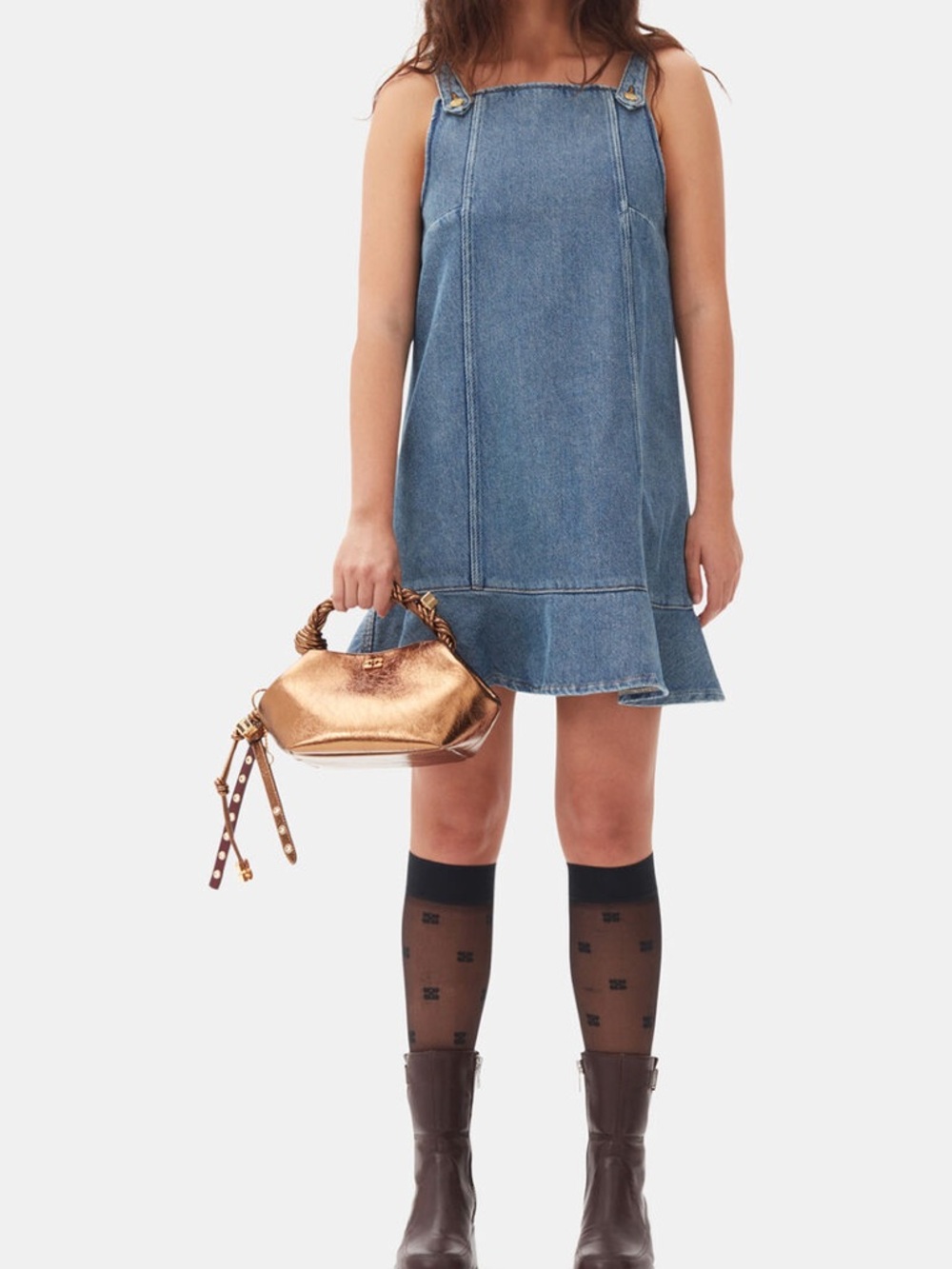 $375 Ganni Blue Denim Ruffle-Hem Mini Dress 38 Size 6 Medium